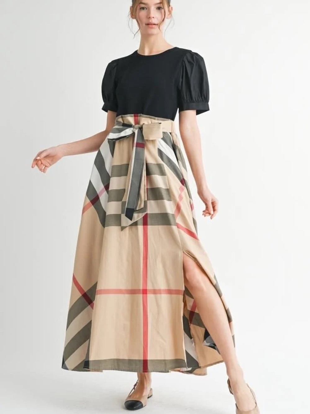 JODIFL Short Puff Sleeve Tie Belt Classic Check Maxi Skirt; size M